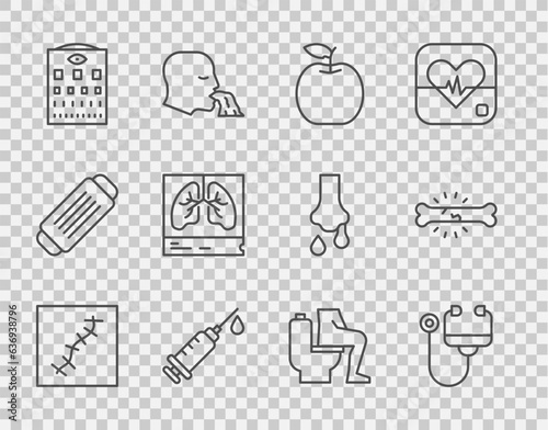 Set line Scar with suture, Stethoscope, Apple, Syringe, Eye test chart, Lungs x-ray, Constipation and Bone pain icon. Vector