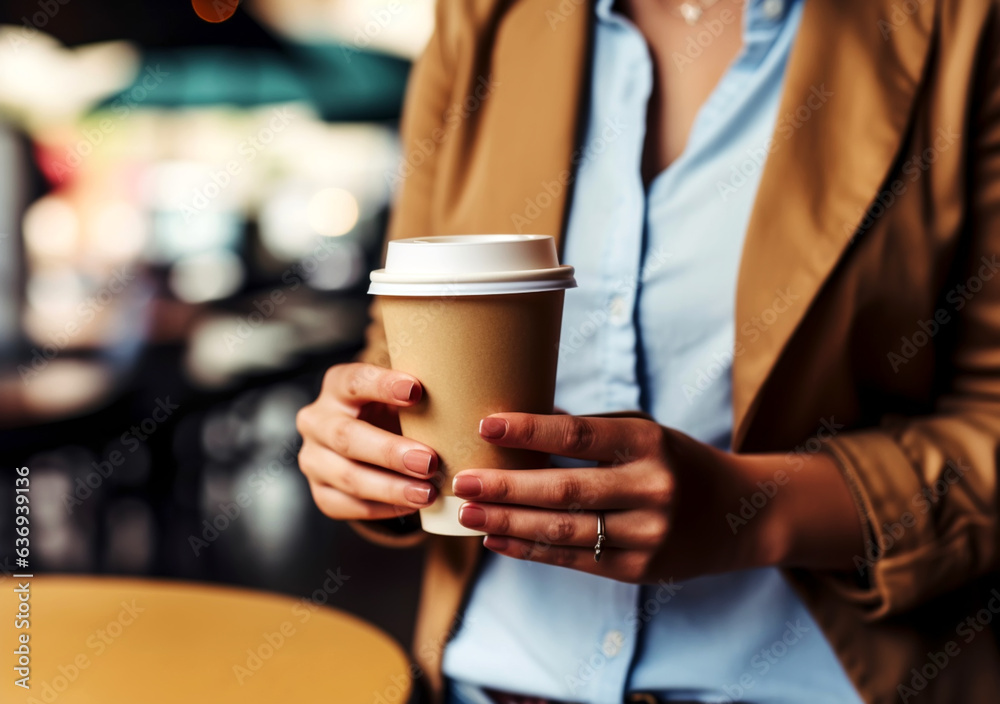 A Cup of coffee in the hands of a girl. Place for the label. Hot drinks with you on the road. A Cup of coffee in the hands of a girl. Place for the label. Hot drinks with you on the road.
