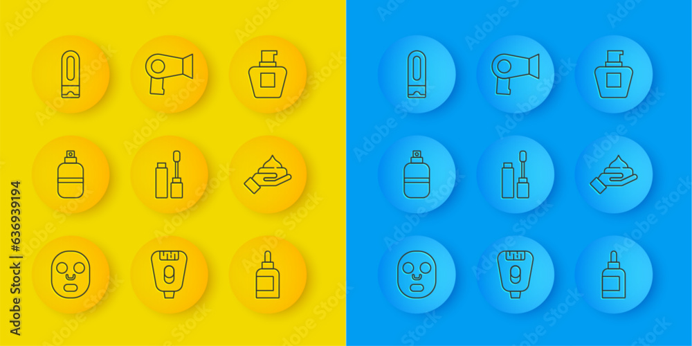 Set line Facial cosmetic mask, Perfume, Mascara brush, Cream or lotion tube, Bottle of shampoo, and Hair dryer icon. Vector Set line Facial cosmetic mask, Perfume, Mascara brush, Cream or lotion tube, Bottle of shampoo, and Hair dryer icon. Vector