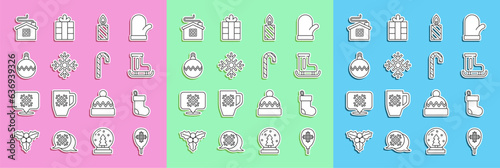 Set line Balloons with snowflake, Christmas stocking, Figure skates, Burning candle, Snowflake, ball, Merry house and candy cane icon. Vector