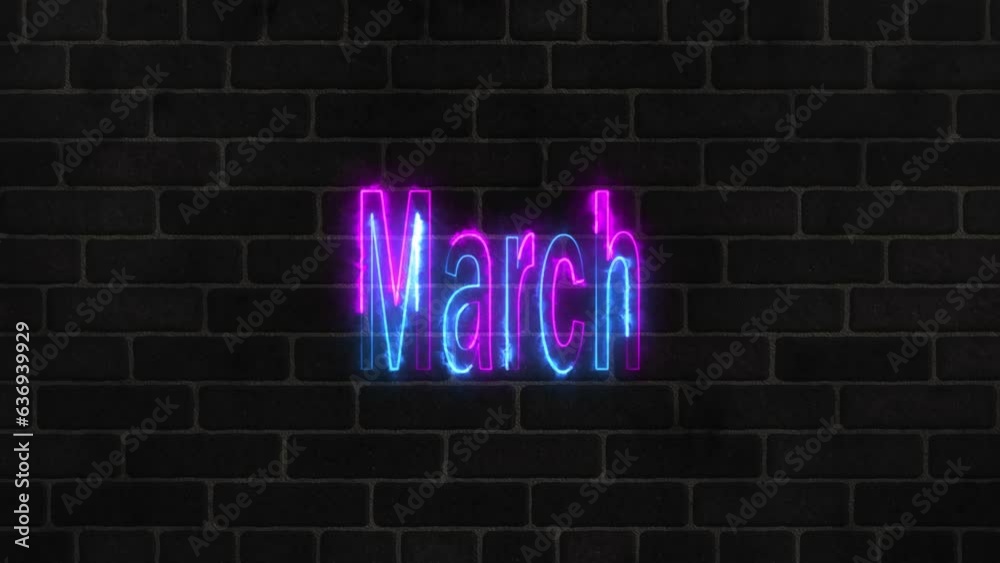 March text neon light effect and transparent black background 4k animation. March text neon light effect and transparent black background 4k animation.