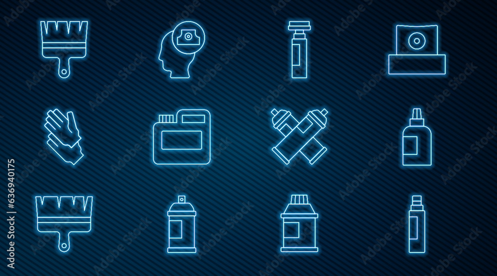Set line Marker pen, Paint, gouache, jar, dye, Rubber gloves, brush, spray can and Spray nozzle cap icon. Vector Set line Marker pen, Paint, gouache, jar, dye, Rubber gloves, brush, spray can and Spray nozzle cap icon. Vector