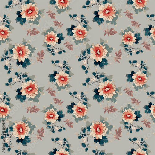 Vector seamless half-drop pattern, with flowers