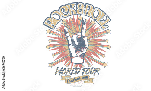 Music world tour poster artwork. Rock and roll vector graphic print design for apparel, stickers, posters, background and others. Human hand. 