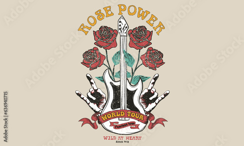 Rose and guitar t-shirt design. Rock and roll vector graphic print design for apparel, stickers, posters, background and others. Wild and free. hand graphic design.