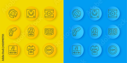 Set line Music player, Stereo speaker, note, tone, EDM electronic dance music, DJ remote and mixing, Vinyl disk, wave equalizer and Drum machine icon. Vector