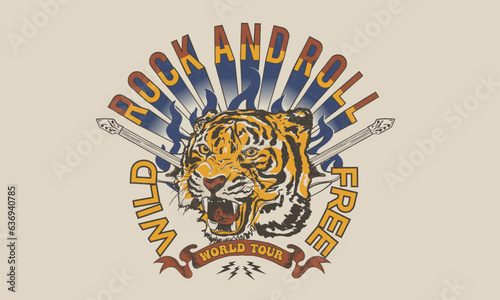 Tiger face t-shirt design. Rock and roll vector graphic print design for apparel, stickers, posters, background and others. Wild and free. Animal graphic design.