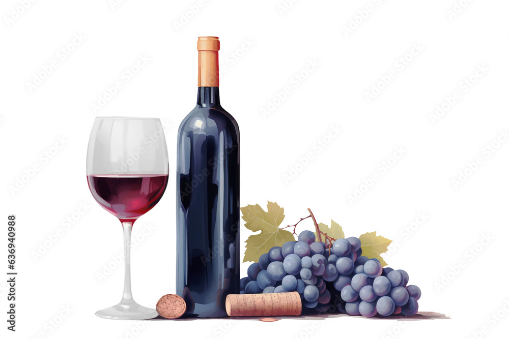 red wine bottle, glass and grapes isolated on white background