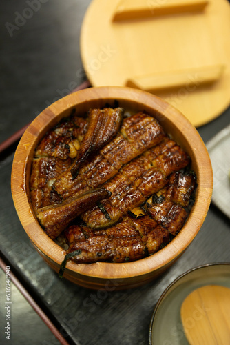 Close up of Japanese eel rice bowl, unary rice bowl photo