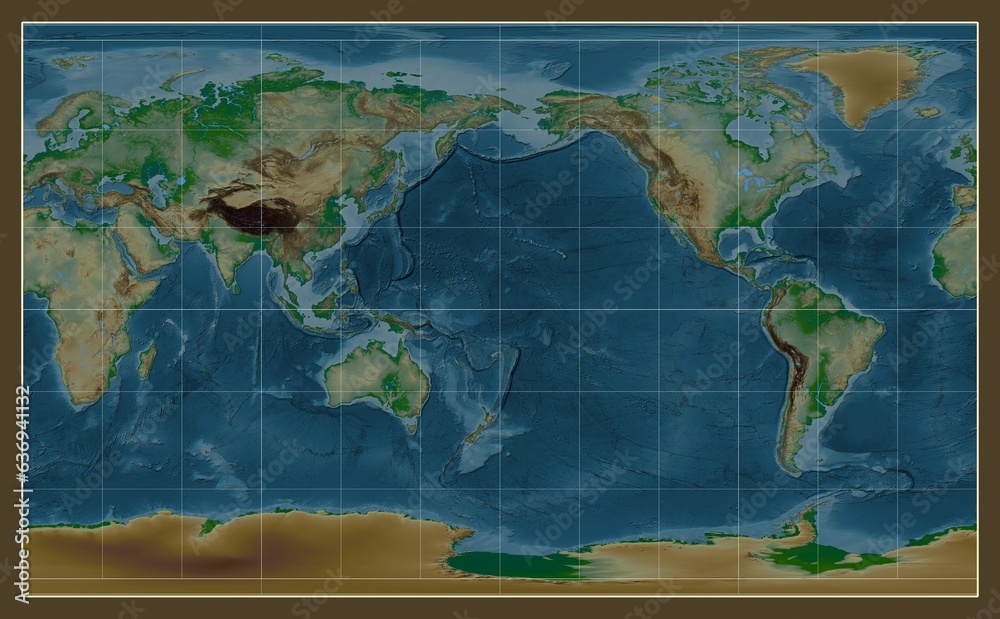 World map. Physical. Compact Miller projection. Meridian: 180