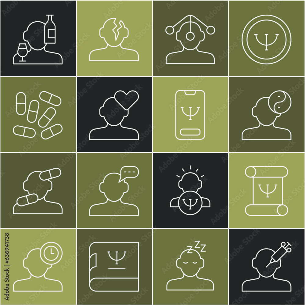 Set line Addiction to the drug, Psychology book, Yin Yang symbol, Hypnosis, Broken heart or divorce, Medicine pill tablet, Alcoholism and Online psychological counseling icon. Vector Set line Addiction to the drug, Psychology book, Yin Yang symbol, Hypnosis, Broken heart or divorce, Medicine pill tablet, Alcoholism and Online psychological counseling icon. Vector