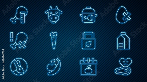 Set line Steak meat, Paper package for milk, Cooking pot and chicken leg, Carrot, No, Genetically modified, Shopping bag with recycle and Cow head icon. Vector