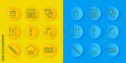 Set line French baguette bread, Grilled shish kebab on skewer, Spoon, Portable video game console, Cherry, Paper glass with water, Bread toast and Home stereo two speakers icon. Vector