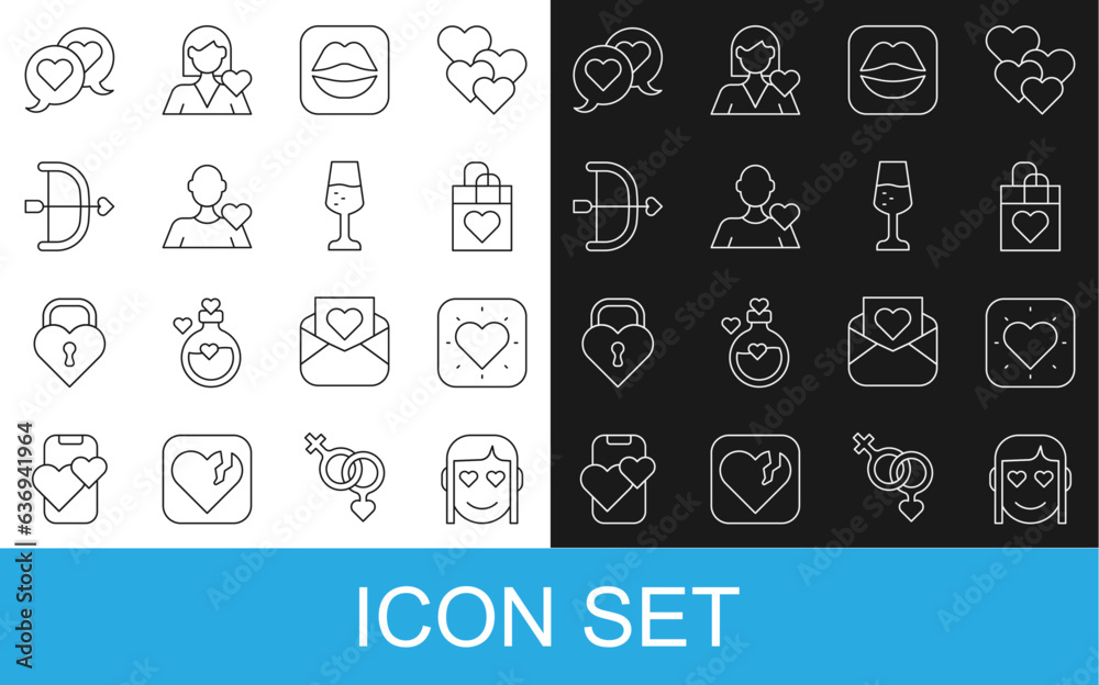 Set line Romantic girl, Heart, Shopping bag with heart, Smiling lips, Bow and arrow, speech bubble and Glass of champagne icon. Vector Set line Romantic girl, Heart, Shopping bag with heart, Smiling lips, Bow and arrow, speech bubble and Glass of champagne icon. Vector