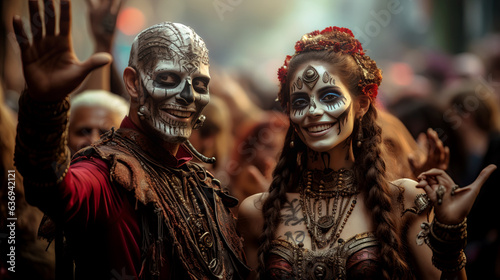 two skeletons waving on the day of the dead. Generative AI