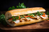 A mouthwatering Banh Mi sandwich featuring succulent grilled chicken and a delightful crunch from crispy vegetables
