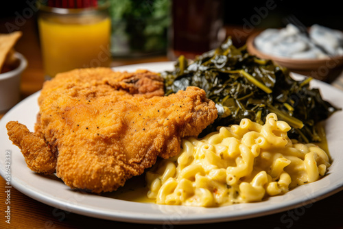 The photo features crispy fried catfish fillets served alongside creamy mac and cheese and collard greens, creating a delicious and comforting meal photo