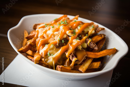 a mouthwatering twist on traditional poutine, featuring crispy sweet potato fries, melty cheese curds, and spicy sriracha gravy photo