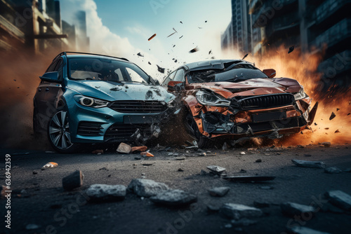 Car accident concept with two cars crashing together
