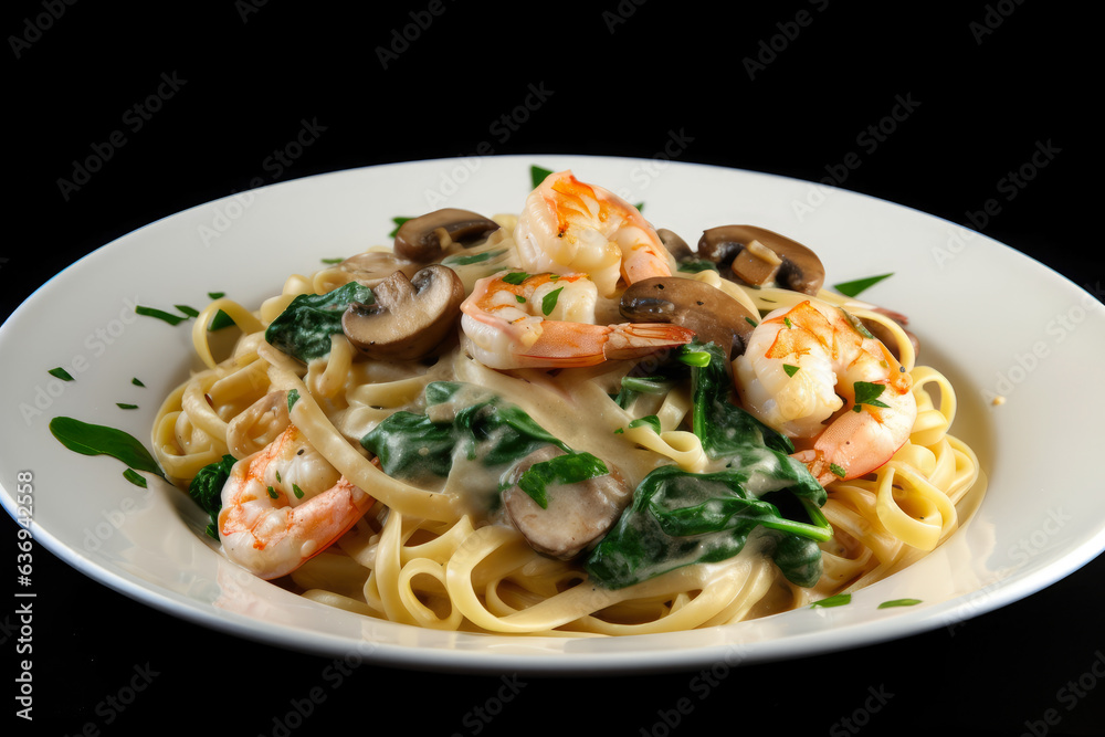 a mouthwatering dish of Shrimp Scampi Alfredo, enhanced with mushrooms and spinach, offering an exquisite culinary experience