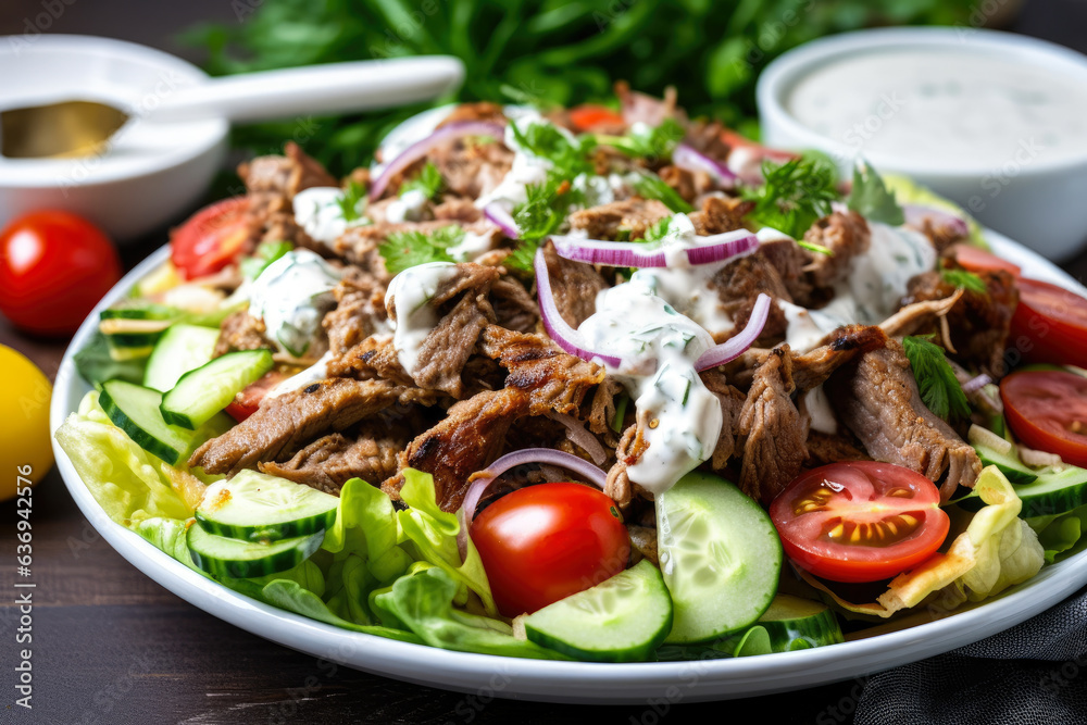A scrumptious gyro salad, featuring crisp greens, juicy tomatoes, crunchy cucumbers, and tender gyro meat, all complemented by a tangy tzatziki dressing A scrumptious gyro salad, featuring crisp greens, juicy tomatoes, crunchy cucumbers, and tender gyro meat, all complemented by a tangy tzatziki dressing