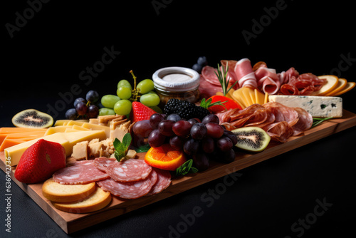 A mouthwatering, gourmet charcuterie board with sliced meats, cheese, and fruits presented on a black slate board, offering a diverse and indulgent appetizer experience