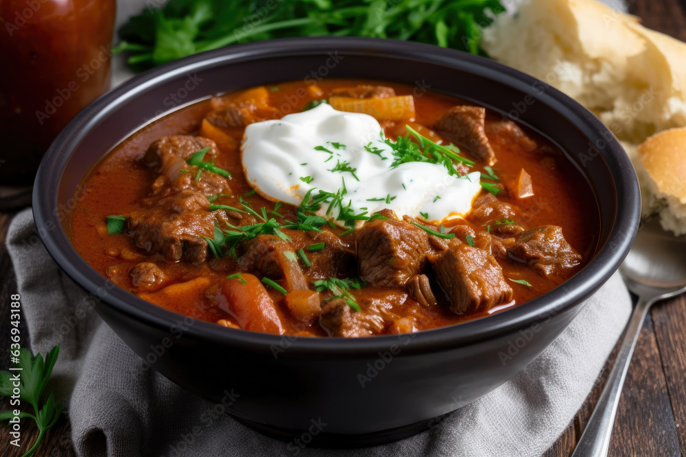 A delicious Hungarian goulash, featuring tender beef, rich flavors, topped with a dollop of sour cream and a sprinkle of fresh chives