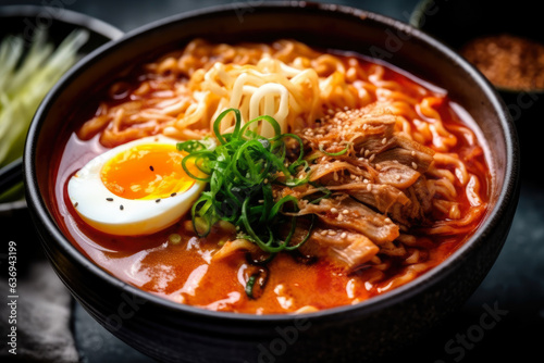 a mouthwatering kimchi ramen bowl adorned with succulent pork, bean sprouts, and a perfectly boiled egg