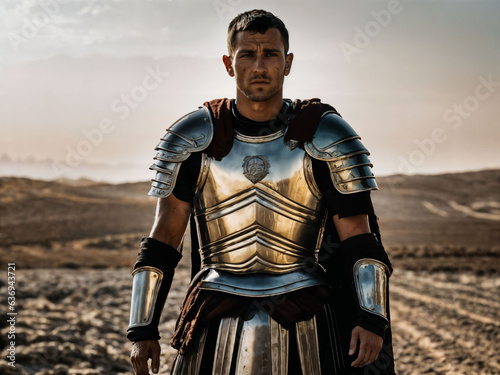 photo of strong ancient male warrior with roman armor stained, generative AI