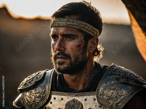 photo of strong ancient male warrior with roman armor stained, generative AI