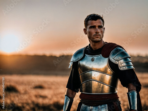 photo of strong ancient male warrior with roman armor stained, generative AI