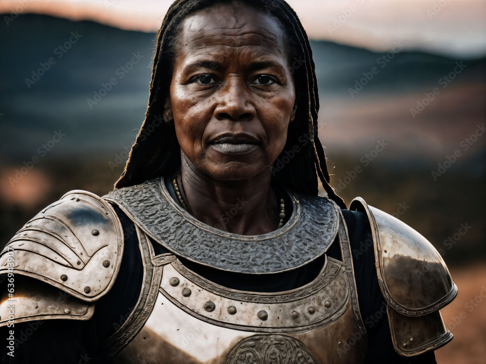 photo of strong ancient senior black female warrior with roman armor stained, generative AI