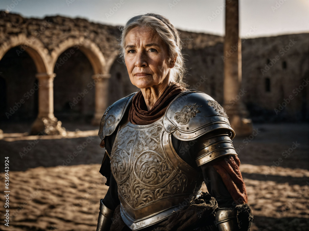 photo of strong ancient senior female warrior with roman armor stained, generative AI photo of strong ancient senior female warrior with roman armor stained, generative AI
