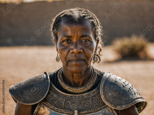photo of strong ancient senior black female warrior with roman armor stained, generative AI