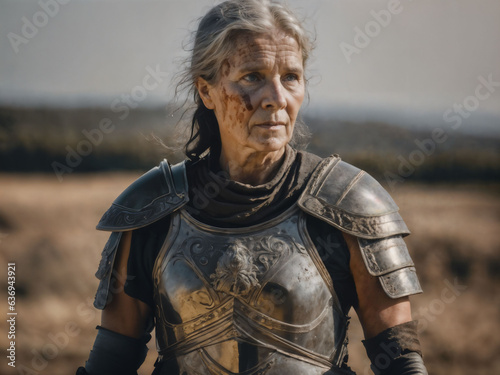 photo of strong ancient senior female warrior with roman armor stained, generative AI