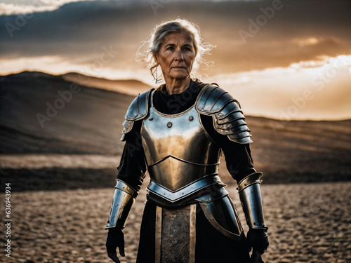 photo of strong ancient senior female warrior with roman armor stained, generative AI