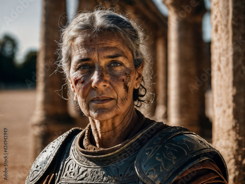 photo of strong ancient senior female warrior with roman armor stained, generative AI