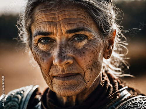 photo of strong ancient senior female warrior with roman armor stained, generative AI © Pathompong