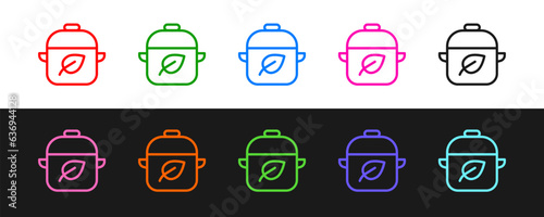 Set line Vegan food diet icon isolated on black and white background. Organic, bio, eco symbol. Vegan, no meat, lactose free, healthy, fresh and nonviolent food. Vector