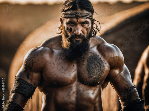photo of ancient barbarian male warrior stained , generative AI