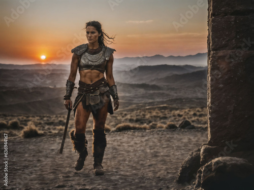 photo of ancient barbarian female warrior stained , generative AI © Pathompong