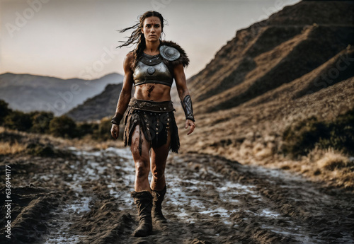 photo of ancient barbarian female warrior stained , generative AI