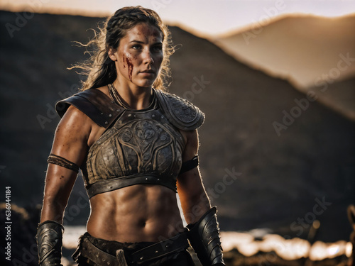 photo of ancient barbarian female warrior stained , generative AI