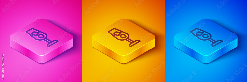 Isometric line Wine glass icon isolated on pink and orange, blue background. Wineglass sign. Square button. Vector Isometric line Wine glass icon isolated on pink and orange, blue background. Wineglass sign. Square button. Vector