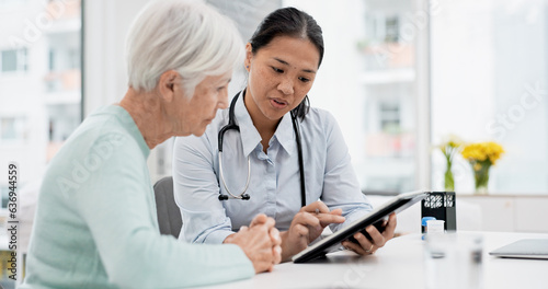 Tableau sur toile Results, tablet and senior woman with doctor talking about healthcare data, report or communication in elderly care or consultation
