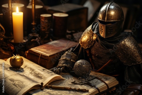 A collection of images showcasing authentic artifacts from the Knights Templar era, such as swords, armor, and ancient manuscripts. Generative Ai