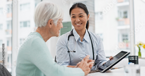 Talking  doctor or elderly patient with tablet for results  digital report or health report history online in hospital. Medical  healthcare or nurse with advice  news update or support for old woman