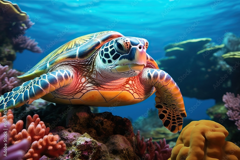 Fototapeta premium Endangered Sea Turtle Resting on Vibrant Coral Reef