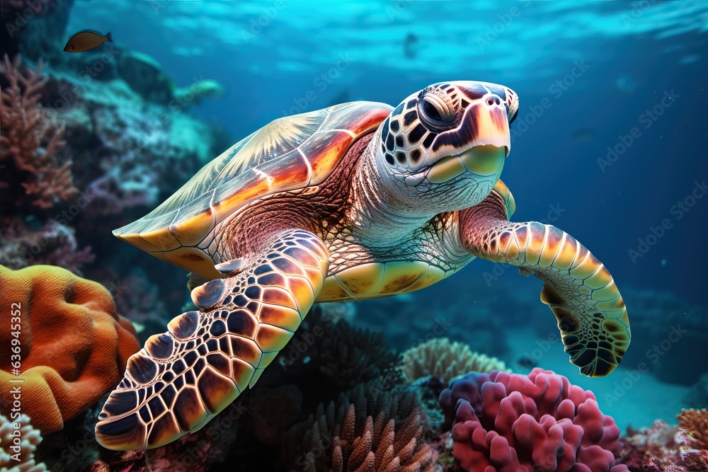 Fototapeta premium Endangered Sea Turtle Resting on Vibrant Coral Reef