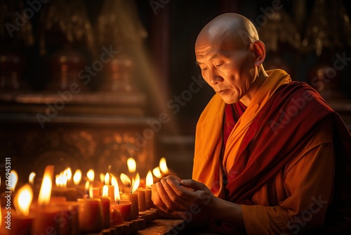 Monks are lighting candles to perform rituals in the ubosot.